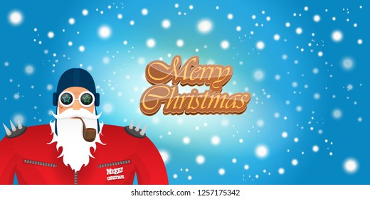 vector horizontal merry christmas greeting card or banner with DJ rock n roll santa claus with smoking pipe and funky hat isolated on blue background with falling snowflakes and lights