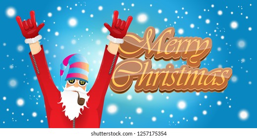 vector horizontal merry christmas greeting card or banner with DJ rock n roll santa claus with smoking pipe and funky hat isolated on blue background with falling snowflakes and lights