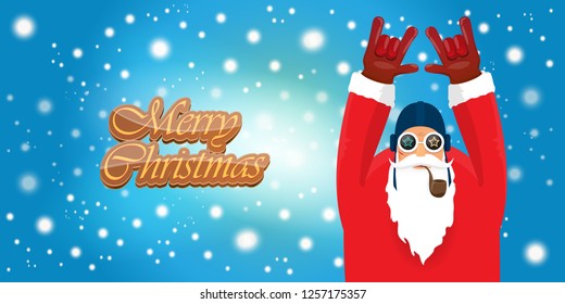 vector horizontal merry christmas greeting card or banner with DJ rock n roll santa claus with smoking pipe and funky hat isolated on blue background with falling snowflakes and lights