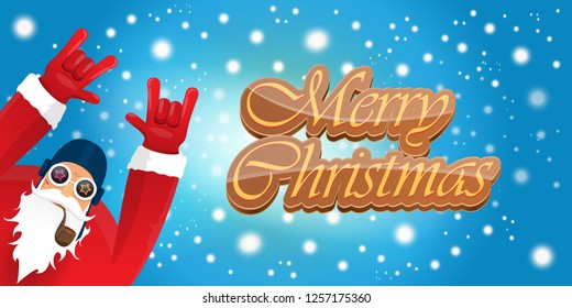 vector horizontal merry christmas greeting card or banner with DJ rock n roll santa claus with smoking pipe and funky hat isolated on blue background with falling snowflakes and lights