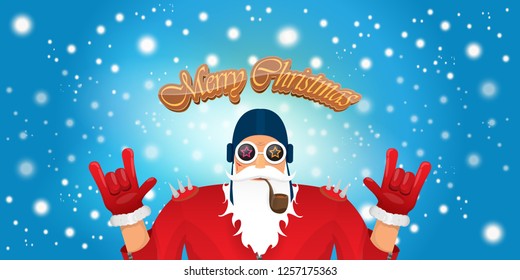 vector horizontal merry christmas greeting card or banner with DJ rock n roll santa claus with smoking pipe and funky hat isolated on blue background with falling snowflakes and lights