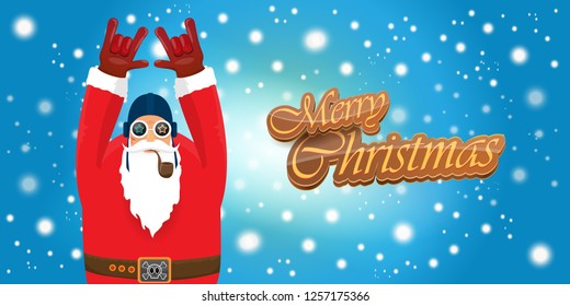 vector horizontal merry christmas greeting card or banner with DJ rock n roll santa claus with smoking pipe and funky hat isolated on blue background with falling snowflakes and lights