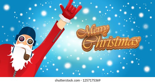 vector horizontal merry christmas greeting card or banner with DJ rock n roll santa claus with smoking pipe and funky hat isolated on blue background with falling snowflakes and lights