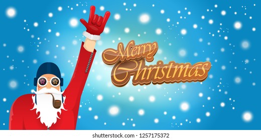 vector horizontal merry christmas greeting card or banner with DJ rock n roll santa claus with smoking pipe and funky hat isolated on blue background with falling snowflakes and lights