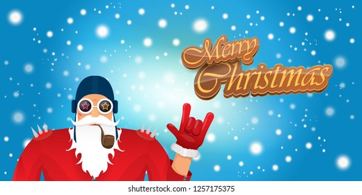 vector horizontal merry christmas greeting card or banner with DJ rock n roll santa claus with smoking pipe and funky hat isolated on blue background with falling snowflakes and lights
