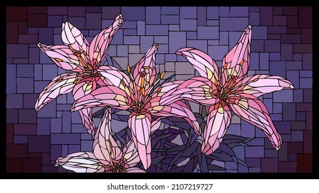 Vector horizontal mosaic with blooming pink lily flowers in stained glass window.