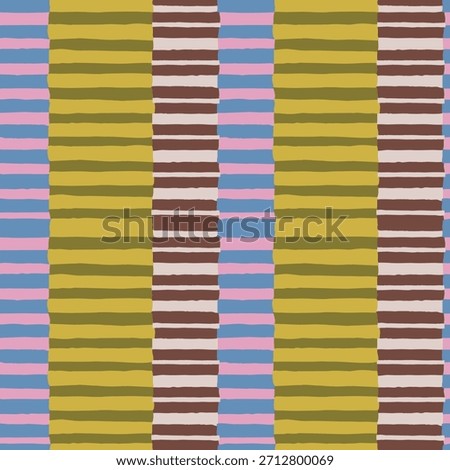 Vector horizontal multicolored stripes in a row, seamless pattern design. Blue, brown and pink striped background.