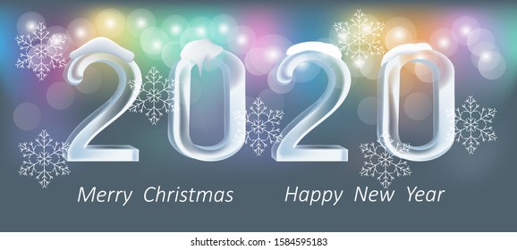 Vector of horizontal New Year card, banner with ice shaped like years number 2020 on colorful magic background with lights and snowflakes.Isolated elements for Christmas design