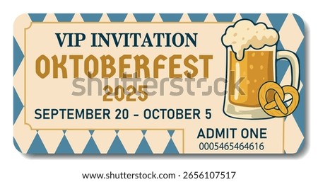 Vector horizontal Oktoberfest VIP ticket with beer mug and Bavarian ornament. Ideal for posters, flyers, invitations, event decoration, festivals, fairs and pubs