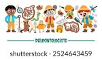 Vector horizontal paleontologist border set. Prehistoric animal scientist card template design with fossils, bones, tools, brushes, spades, characters. Cute archaeologists border for kids
