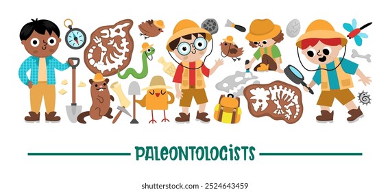 Conjunto de borde de paleontólogo Horizontal de Vector. Diseño de Plantilla de tarjetas de científico animal prehistórico con fósiles, huesos, herramientas, pinceles, picas, personajes. Lindos arqueólogos frontera para los niños
