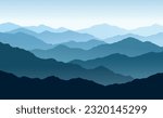 Vector horizontal panoramic landscape with blue silhouettes of misty mountains and hills