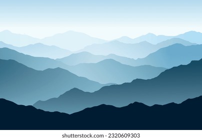 Vector horizontal panoramic landscape with blue silhouettes of misty mountains and hills