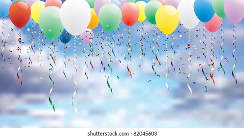 fondo de partido horizontal vectorial con globos coloridos sobre cielo nublado