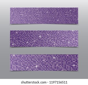 Vector horizontal party, holiday, invite cards, flyers, brochures, booklets. Purple sequins, glitters, sparkles, paillettes. Disco party card shiny sequins. Music light. Sequins dot glitter texture.