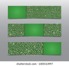 Vector horizontal party, holiday, invite cards, flyers, brochures, booklets. Green sequins, glitters, sparkles, paillettes. Disco party card shiny sequins. Music light. Sequins dot glitter texture.
