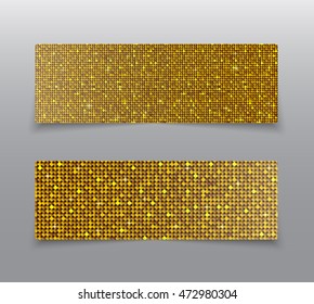 Vector horizontal party, holiday, invite cards, flyers, brochures, booklets. Gold sequins, glitters, sparkles, paillettes. Disco party card shiny sequins. Music light. Sequins dot glitter texture.