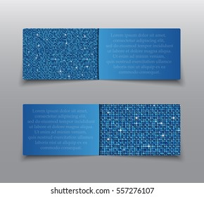 Vector horizontal party, holiday, invite cards, flyers, brochures, booklets. Blue sequins, glitters, sparkles, paillettes. Disco party card shiny sequins. Music light. Sequins dot glitter texture.