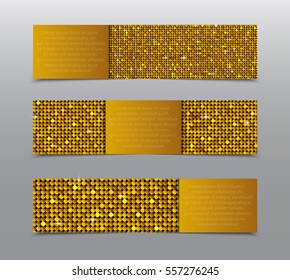 Vector horizontal party, holiday, invite cards, flyers, brochures, booklets. Gold sequins, glitters, sparkles, paillettes. Disco party card shiny sequins. Music light. Sequins dot glitter texture.