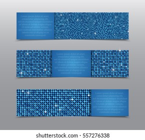Vector horizontal party, holiday, invite cards, flyers, brochures, booklets. Blue sequins, glitters, sparkles, paillettes. Disco party card shiny sequins. Music light. Sequins dot glitter texture.