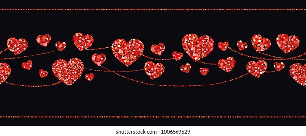 Vector horizontal pattern with the image of garlands of hearts in the form of a red candy on a black background. Decoration for special occasions and parties.