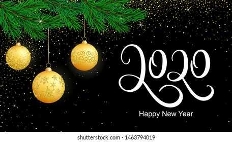 Vector horizontal poster 2020 New Year with golden balls, Christmas trees and glitter. Christmas typography card with bright decor element and text. Xmas banner on black background for stories, card.