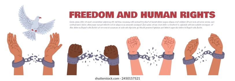 Vector horizontal poster with a dove of peace and hands clenched into fists breaking the restraining handcuffs. Broken chains emphasize the concept of freedom.