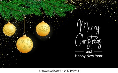 Vector horizontal poster Merry Christmas and New Year with golden balls and glitter. Christmas typography card with bright decor element and text. Xmas banner on black background for stories, greeting