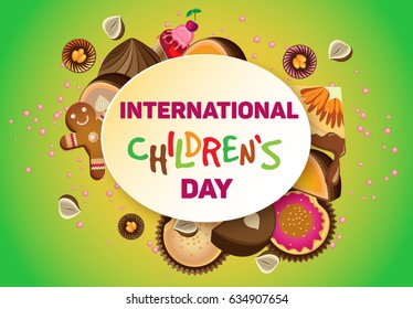 Vector horizontal poster on International Children's Day. On a yellow-green gradient background. Oval die with text