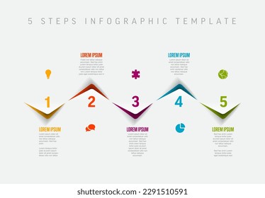Vector horizontal process progress template diagram schema with five color corner steps icons and descriptions. Color edges on white folded background and minimalistic icons
