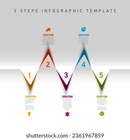 Vector horizontal process progress template diagram schema with five color corner steps icons and descriptions. Color edges on white folded background and minimalistic icons