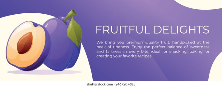 Vector horizontal promotional fruit banner. Flyer template with text and cartoon illustration of ripe purple whole plum.