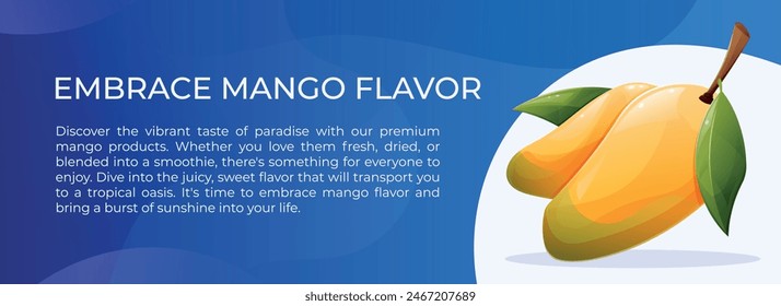 Vector Horizontal promocional Anuncio de frutas. Plantilla de volante con texto e ilustración de dibujos animados de mango amarillo maduro.