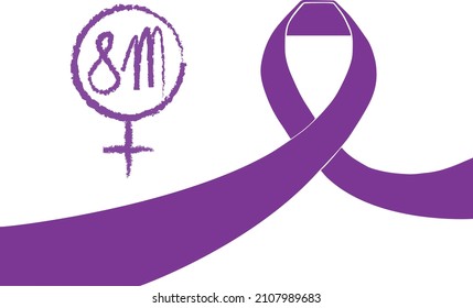 Vector, horizontal purple ribbon 8 march international woman day symbol, feminism, gender equality