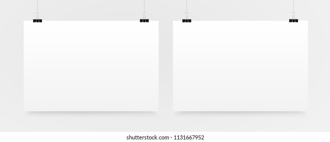 Vector horizontal rectangle format A4 white paper with shadow on grey background. Empty sheet of paper template portrait orientation. Realistic two sheet, poster, banner, background, blank, frame.