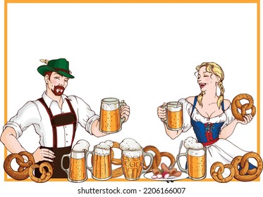 Vector horizontal rectangle frame with hansome man young, pretty blonde woman wearing traditional bavarian clothes and beer, pretzels, sausages. October fest design for card, invitation, menu. 