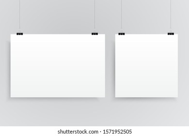 Hojas de papel de formato cuadrado y rectángulo horizontal vectorial con sombra sobre fondo gris. Hoja vacía de orientación vertical de plantilla de papel. Dos hojas, afiche, pancarta, fondo, en blanco.