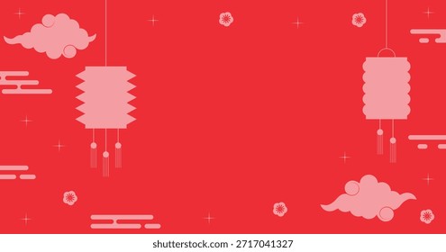 Vector Horizontal fondo rojo para el año Nuevo chino. Elementos asiáticos: nubes, linternas, olas y flores. Ilustración vectorial con espacio para texto.