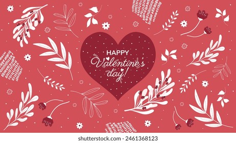 Vector horizontal red background for Valentine's Day with a heart, vegetation and flowers for web pages, posters, banners.