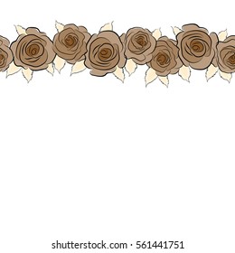 Vector horizontal rose flowers seamless pattern. Hand painted illustration in beige and brown colors with copy space (place for your text).