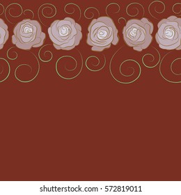 Vector horizontal rose flowers seamless pattern. Hand painted illustration in brown, neutral and green colors with copy space (place for your text).
