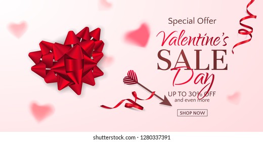 Vector horizontal sale banner for Valentine’s Day with red ribbons, 3d arrow and realistic bow in shape of heart. Holiday romantic pink background for design of promotion flyers with discount offers.