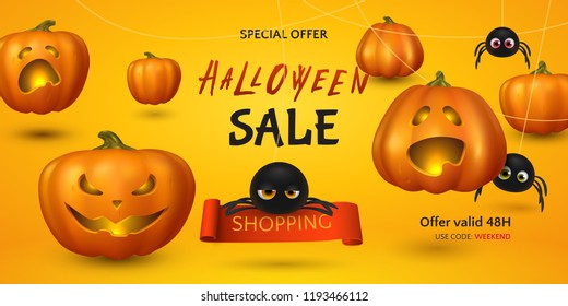 Vector horizontal sale banner for Halloween with cartoon spiders, 3D realistic pumpkins with scary and cute faces, fiery glow inside. Flyer with traditional symbol Jack-O-Lantern on orange background.