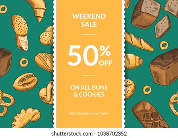 Vector horizontal sale template with decorative ribbon and hand drawn colored bakery elements with place for text. Bakery food banner and poster for shop illustration