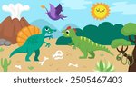 Vector horizontal scene with allosaurus and spinosaurus in the desert. Dinosaur landscape illustration. Cute prehistoric scenery with raptors, bones, volcano. Funny dino scene for kids
