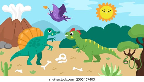 Escena Horizontal del Vector con Allosaurus y Spinosaurus en el desierto. Ilustración de paisaje de dinosaurio. Lindo paisaje prehistórico con rapaces, huesos, volcán. Divertida escena de dino para niños
