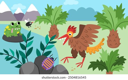 Escena Horizontal de Vector con arqueopteryx de aves ancestrales. Ilustración de paisaje de período de dinosaurio. Lindo paisaje prehistórico con rana, mosca, montañas, palmeras, insectos. Divertida escena de dino para niños
