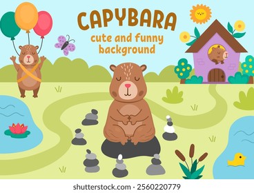 Vector horizontal scene with capybaras. Landscape illustration with capibaras. Cute background or book cover for kids with adorable animals meditating, flying on balloons. Funny scene for kids