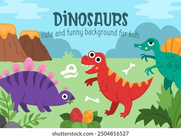 Horizontale Vektorszene mit Dinosauriern. Antike Periode Landschaftsdarstellung . Netter prähistorischer Hintergrund oder Buchcover für Kinder mit T-Rex, Spinosaurus. Lustige Dino-Szene für Kinder
