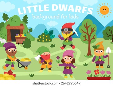 Vector horizontal scene with dwarfs. Forest gnomes landscape illustration. Cute background or story book cover for kids with adorable magic creatures. Funny fairytale scene with mine pit, elves
